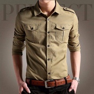 Fuguiniao New 100% Cotton Military Shirt With Epaulette Men Long Sleeve Breathable Casual Shirts Man