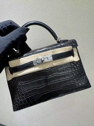 Mini Kelly 2 黑銀 霧面鱷魚 Matt croc