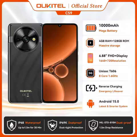 OUKITEL C59 Smartphone 6.88" HD+ 90Hz Display 10000mAh Battery 16GB+128GB Android 15 Mobile Phone 13