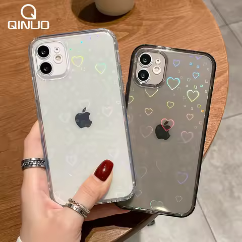 Fashion Gradient Laser Love Heart Leaf Pattern Case For iPhone 15 14 13 11 12 Pro Max X XS XR 7 8 Pl