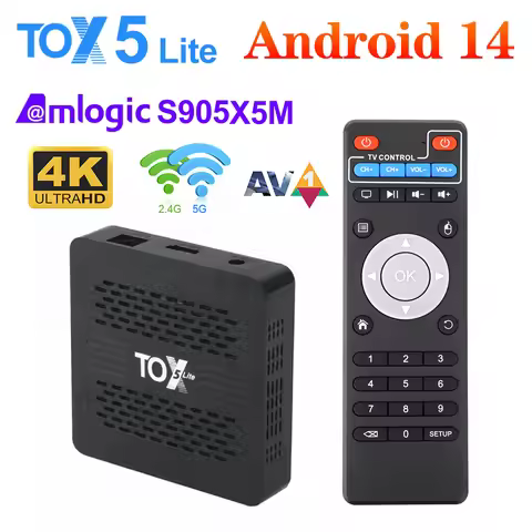 TOX5 Lite Android 14 Smart TV Box S905X5M Dual Wifi 1000M LAN BT4.1 Support H.265 4K 60fps DLNA USB3