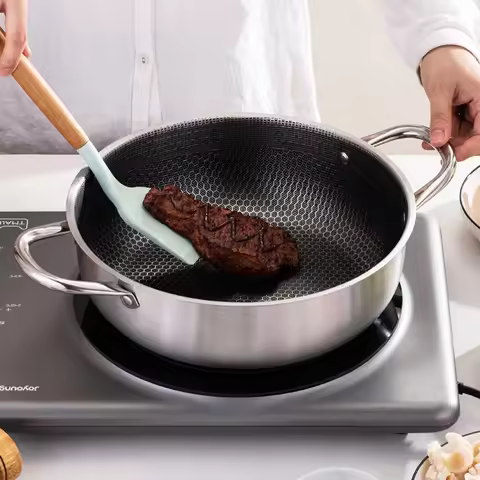High Quality 410 Stainless Steel Frying Pan Food Grade Honeycomb Nonstick Wok With Double Ears Home 