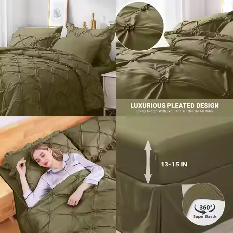 7-Piece Olive Green Queen Comforter Set: Pintuck Bedding with Sheets, Shams & Pillowcases