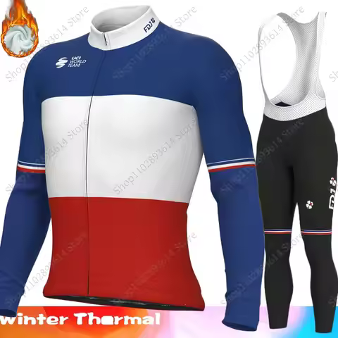 Winter FDJ France Team 2025 Cycling Jersey Set Men Clothing Suit Thermal fleece Long Sleeve MTB Bike