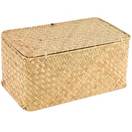 Handmade Straw Woven Storage Basket with Lid Makeup Organizer Storage Box Seagrass Laundry Baskets R