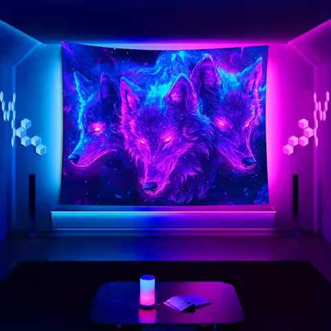 VIKAMA Cyber Wolf Soul Tapestry Red-Eyed Three Wolves Neon Starry Sky Smoke Esports Room Theme Party