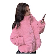 Womens Winter Jacket Corduroy Puffer Short Down Jacket Warm Quilted Cotton Coat Stand Collar Outerwe