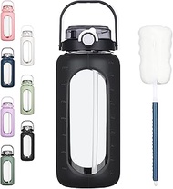 BLUEGO 2000 ml Glass Water Bottle with Straw and Time Marking, Half Gallon Large Motivational Water 