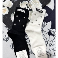 Trendy Women's Clothing French (Chane) Hot Rhinestone C-C Socks 100% Cotton All-Match Calf Socks Outdoor Leisure Sports Socks