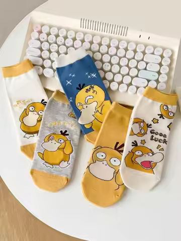 5/10 Pairs Fashion Cartoon Anime Pokemon Trendy Sweet Cute Psyduck Casual Outdoor Short Socks Breath