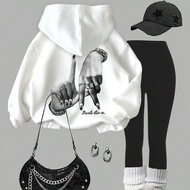 2pcs/Set Teen Girl Casual LA Hand Gesture Print Hoodie Sweatshirt And Leggings Set, Suitable For Aut