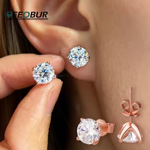 FEOBUR Sparkling 0.2-3ct D Color Moissanite Diamond Stud Earring RoseGold Color 925 Sterling Silver 