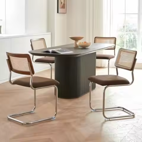 Brown Rattan Dining Chairs Set of 4 Wooden Mid-Century Modern Kitchen Chairs Mesh Back Cane Dining R