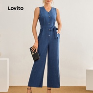 Lovito Casual Plain Belted Jumpsuit for Women LBL19042