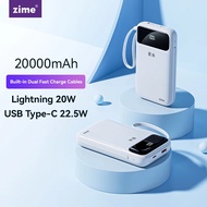Zime 20000mAh Power Bank Built-in Cables Fast Charge Charger Spare Battery Portable Powerbank for iPhone Xiaomi Huawei Samsung
