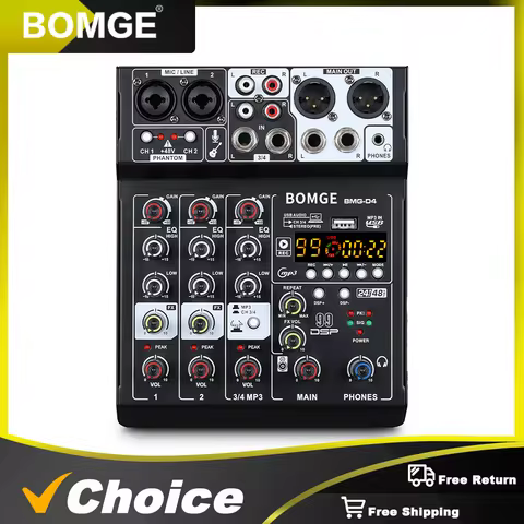 BOMGE D-4 Audio Mixer 4 Channel Mini Mixer with 99 DSP Reverb Effects, Metal, for Karaoke, Podcastin