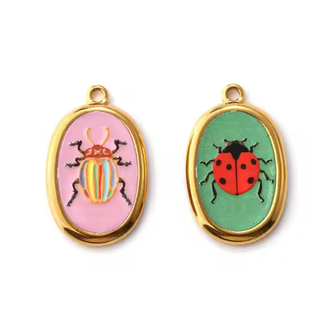 2 Pcs 304 Stainless Steel Insect Charms 18K Gold Plated Oval Printed Ladybug Beetle Pendants For DIY