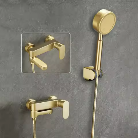 Brushed Gold Shower Faucet Set Brass Wall Mounted Bathroom Shower Mixer Crane With Handheld Shower H