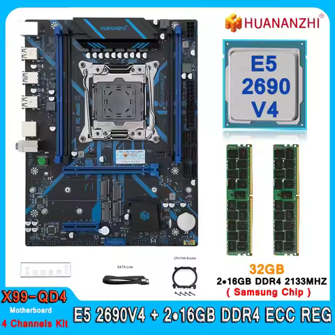Huananzhi X99 QD4 Motherboard Set LGA 2011-3 Kit Xeon E5 2690 V4 CPU With 32GB (2*16GB) DDR4 2400MHZ