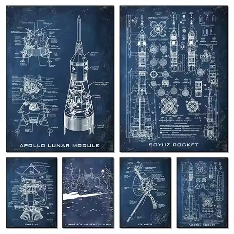 Saturn V Apollo Rocket and Apollo Lunar Module Blueprint Canvas Painting Aviation Artwork Blueprint 