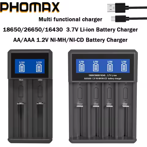 PHOMAX USB LCD Battery Smart Charger 2/4 Slots Dual For 18650 3.7V Rechargeable Lithium Battery For 