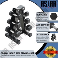 30KG - 135KG Premium Hexagon Dumbell Set with 3-Tier Vertical A Frame Dumbbell Storage Rack Stand