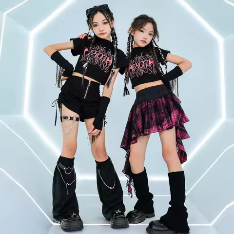 Fashion Girls Kpop Jazz Dance Costume Black Tassel Tops Hip Hop Shorts Skirt Outfits Cool Performanc