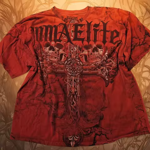 MMA Elite Y2K Gothic Skull Cross T-Shirts Street Art Screen Printed Cotton Couple Unisex Retro Gradi