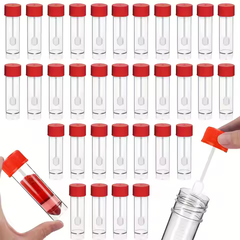 30ML/1OZ capacity red sample bottles with spoons, animal feces sample bottles, laboratory sampling b