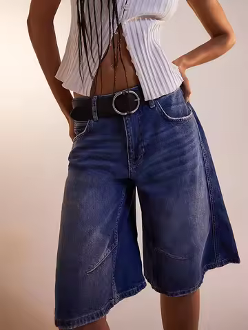 New Womens Knee Length Denim Shorts Solid Color Low Waist Wide Leg Jean Shorts For Summer Club Stree