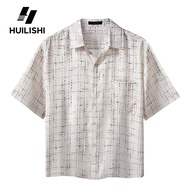 HUILISHI  Box Fit Polo for Men Crop Top Cotton linen drape plaid summer short-sleeved Korean style s