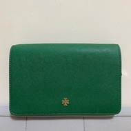 ［二手］TORY BURCH 經典立體LOGO防刮皮革斜背包綠 有背帶