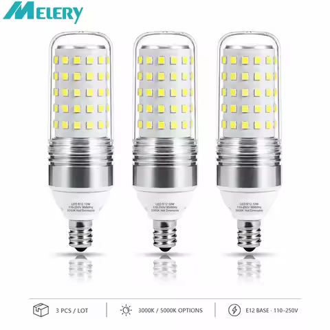 Melery E12 Corn Light LED Bulb 12W Candelabra Corns Led Lamp 360 Beam Angle 100W Equivalent Base Col