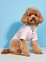 1入組聚酯纖維條紋圖案貓狗寵物撞色Polo恤寵物服裝