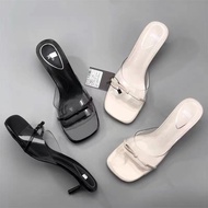 ZARA Korean Version Transparent High Heels Flip-Flops Women's Shoes Square Toe Fairy Style Bow Sandals