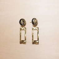 復古黑珍珠丸子金箔鏤空黃銅長方形耳環
