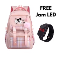 Tas Ransel Anak Perempuan Kulit Lunak Motif Kotak KUR0MI Fashionable dengan Aksesoris Free