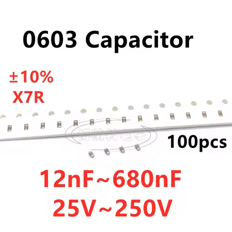 100pcs 0603 SMD Capacitor 12/15/20/22/27/33/39/47/56/68/82/100/120/150/220/270/330/470/680NF X7R 10%