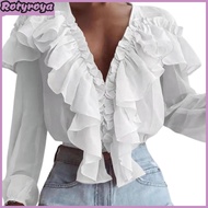 V-neck Long Sleeve Solid Color Loose Chiffon Shirt Ruffle Collar Sweet Pullover Blouse
