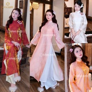 My An Ao Dai with 4 Sides, Tho Bat Pattern - High Quality Golden Silk Material, Soft Silk Lining, Ao