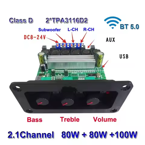 Bluetooth-Compatible 2*80W+100W TPA3116D2 Class D Power Subwoofer Amplifier Board 2.0 2.1 Ch Home Th