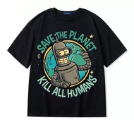 Futurama Bender T-Shirt Oversize Funny Save Planet Cartoon Graphic Tee Streetwear
