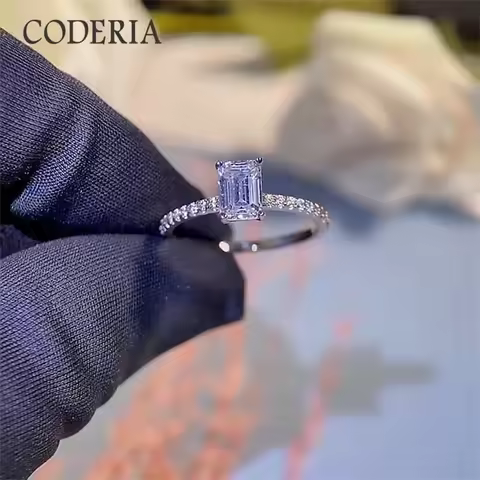 Real 1-2CT Moissanite Diamond Rings Excellent Emerald Cut D Color VVS1 925 Sterling Silver Wedding R