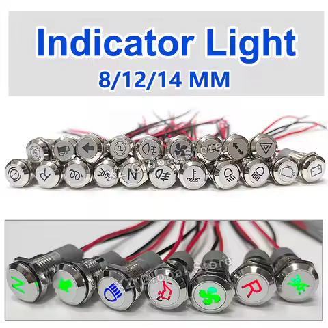 8/12/14mm Symbol LED Indicator Light 12V 24V Silver Metal Indicator Dash Pilot Light with Wire Car D