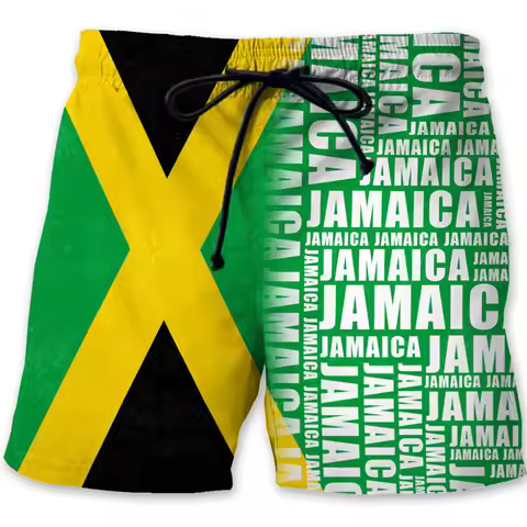 Jamaica 3D Printed Beach Shorts For Men Jamaican Flag Pattern Surf Board Shorts Summer Vacation Swim