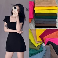 Women's basic dress, gentle, easy to flare, short sleeves, square neck, elastic ribbed fabric, youth
