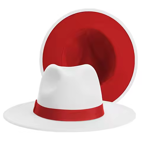 White Patchwork Wide Brim Fedora Hats for Women Classic Two Tone Felt Fedora Hats for Men Fashion Co