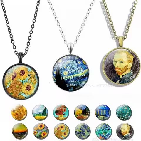Van Gogh Necklace Starry Night Sky Sunflower Pendant Art Oil Paintings Glass Cabochon Jewelry Fashio
