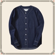 GRND Autumn Japanese Style Baseball Collar Denim Shirt Ami Khaki Men Striped Long Sleeve Shirt