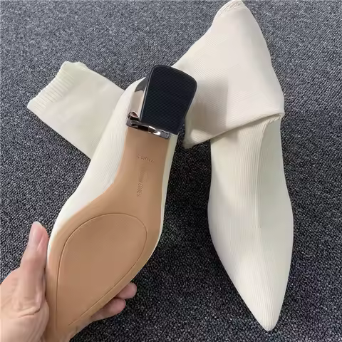 2023 Women Stretch Knitted Sock Boots 7cm 9cm High Heels White Ankle Boots Stripper Low Block Heel L